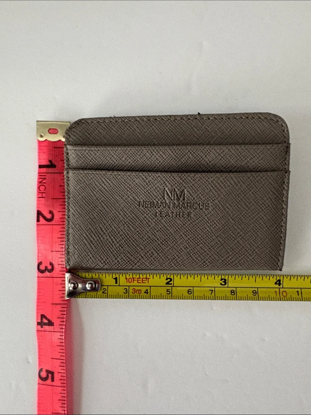 Neiman Marcus Saffiano Leather Slim Card Case  ID Holder Taupe Grey New